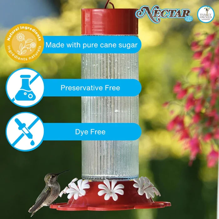 Step-by-step infographic showing how to mix nectar concentrate with water, shake well, and fill a hummingbird feeder.