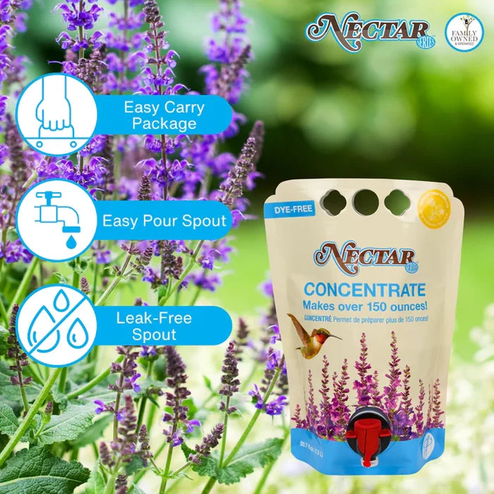 Clear Hummingbird Nectar Concentrate packaging displayed with feature callouts highlighting clear nectar formula, easy preparation, and hummingbird-friendly ingredients.