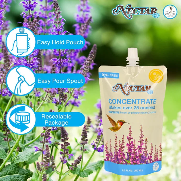 Clear Hummingbird Nectar Concentrate packaging displayed with feature callouts highlighting easy mixing, clear nectar formula, and hummingbird-friendly ingredients.