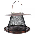Copper Collapsible Mesh Feeder with Tray: A bird feeder featuring a diamond-shaped mesh, metal hanger, seed catch tray, and drainage. Ideal for clinging and perching birds.