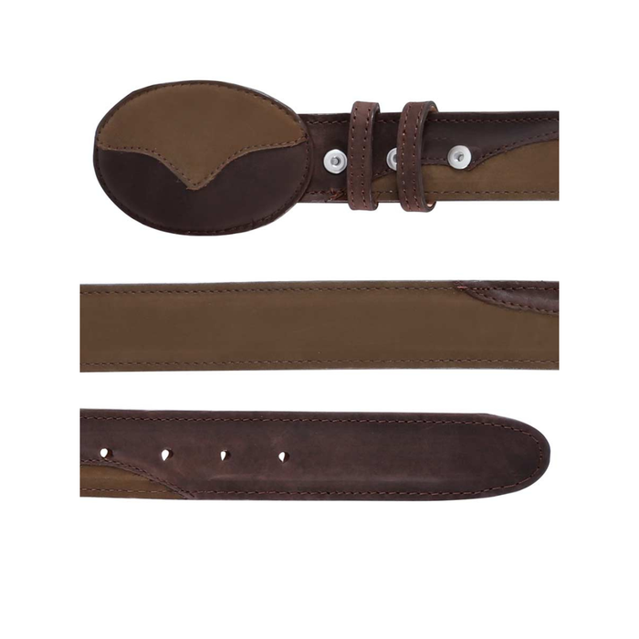 Brown leather belt with a unique buckle design