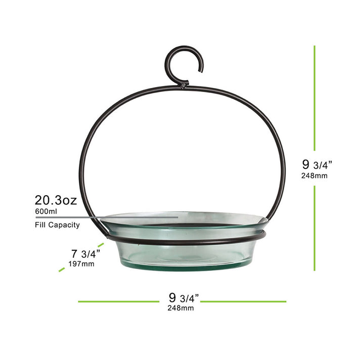 Cuban Bowl & Metal Hanger, 5 Colors; glass bowl in metal frame with hook, 9¾″ size, 20 oz capacity, ideal for birds or plants.
