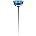 Cuban Garden Stake with birdbath, featuring a blue glass bowl on a black stand. Eco-friendly, adjustable height, perfect for attracting birds to your garden.