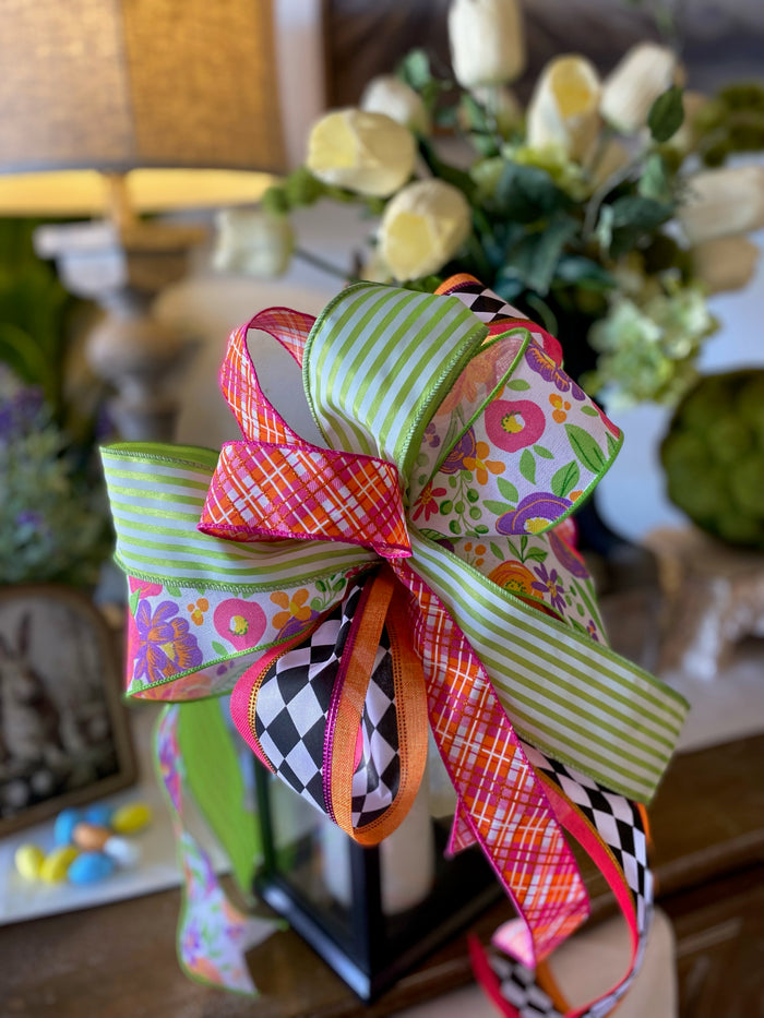 Designer Bow Green Stripe, Harlequin, Bright Pink Floral, Plaid