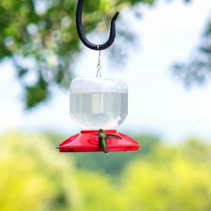 Hummingbird feeder with a hummingbird perched on it against a blurred natural background