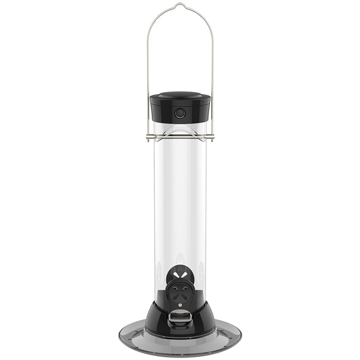 Close-up of the Droll Yankees 12 Onyx Clever Clean Finch Seed Feeder with a twist-and-release base, one-touch opening, and two feeding ports with perches.