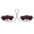 Droll Yankees Ruby Sipper Duo Hanging Feeder with two clear nectar dishes on a stainless steel bracket for hummingbirds.