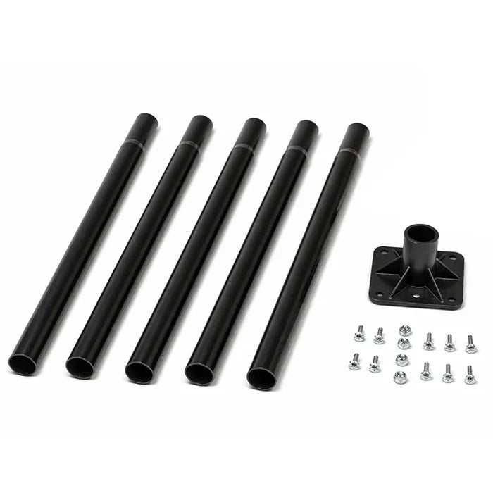 Duncraft Bird-Safe® Perch View Bluebird House & Pole kit with five black tubes, mounting bracket, and fastening hardware for secure installation.