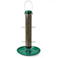 Tube-style bird feeder with a clear seed reservoir, green metal top and base tray, multiple perches, and a hanging loop, shown on a white background.
