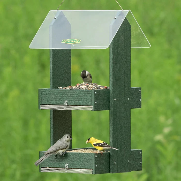 Duncraft Double Platform Fly Thru Feeder with two feeding trays, birds perched and eating, featuring an 8-inch hanging loop and rugged green recycled plastic.