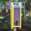 Duncraft Fancy Finch Nyjer® Feeder with mesh sides and clear roof, hosting a finch. Designed for easy feeding from both sides.