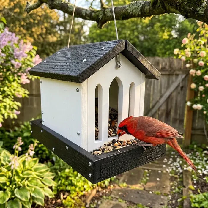 Bird feeder with a red bird eating seeds in a garden setting