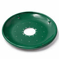 Green metal seed tray with a shallow bowl shape, central mounting hole, and multiple drainage holes, shown on a white background.