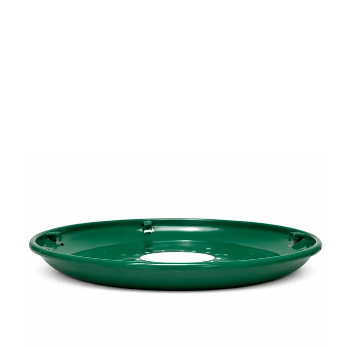 Green metal seed tray with a shallow dish design and central mounting hole, shown on a white background.