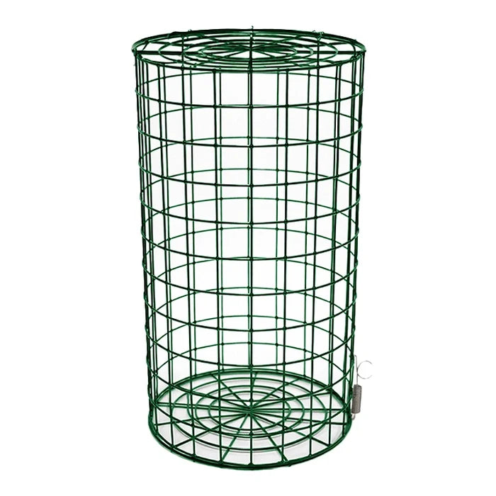 Green wire bird feeder on a white background