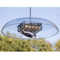 Duncraft Shielded Suet Feeder featuring a bird feeding upside down on a metal grate, with a clearview plastic weather guard and vinyl-coated wire caging.