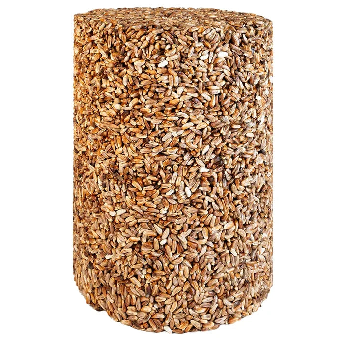 Duncraft Supreme Safflower Seed Cylinder Large, a compact, log-shaped birdseed block, ideal for attracting cardinals and chickadees, designed to deter squirrels.