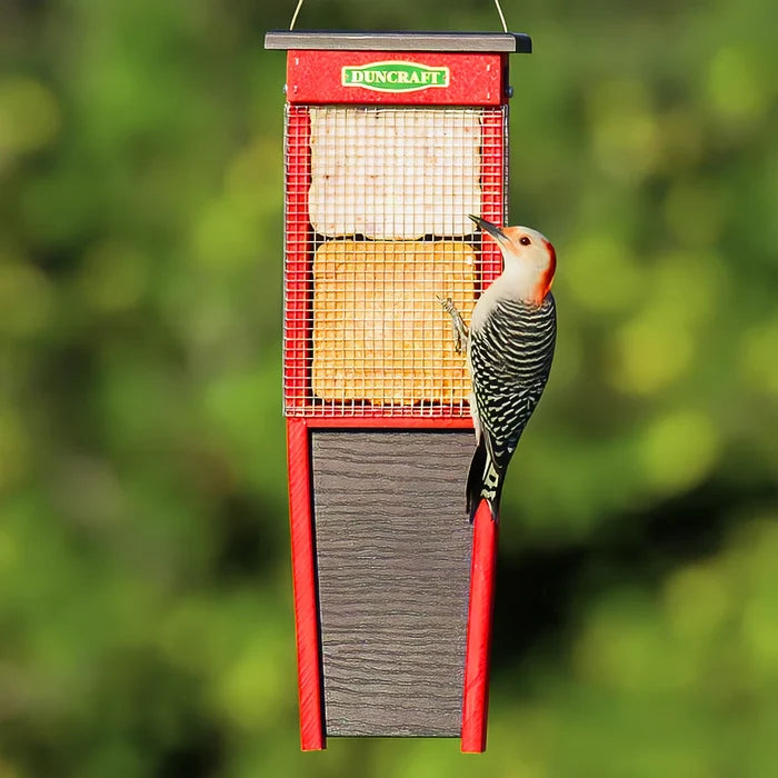 Duncraft Woodpecker Suet Shield Wrap Feeder, featuring a bird perched on the wire mesh feeder designed to prevent larger birds and squirrels from gorging.