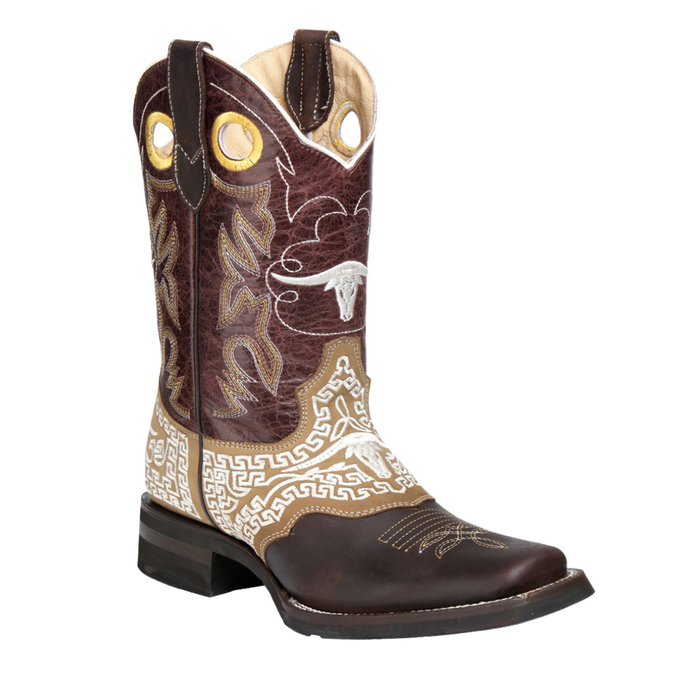 Brown and beige cowboy boot with intricate patterns