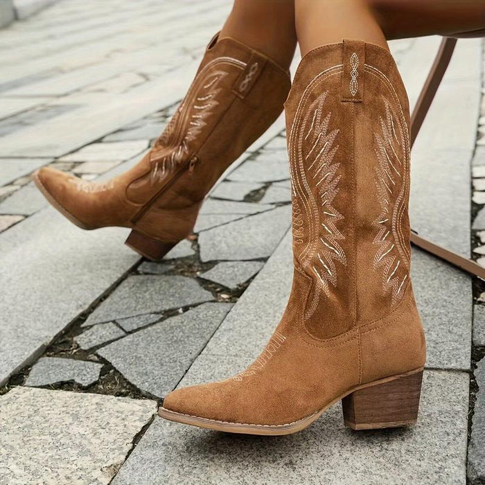 Elegant Women’s Embroidered Cowboy Boots — Western Leather Mid-Heel, Classic Western Design