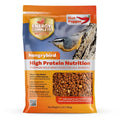 3 lb bag of Energy Complete Hot Pepper Suet Bites featuring a nuthatch, visible suet pellets, promoting high-protein, no-waste wild bird food suitable for all feeders.