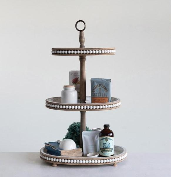 Farmhouse Wood Beaded 3-Tier Tray