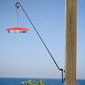 Five Position Wall Bracket with red hummingbird feeder, suspended from wooden post. Black metal arm swings 180 degrees, designed for easy filling and optimal positioning.