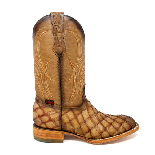 Side view of Artillero men’s cowboy boot in amaretto leather with imitation pirarucu design, 12 inch shaft, and square toe