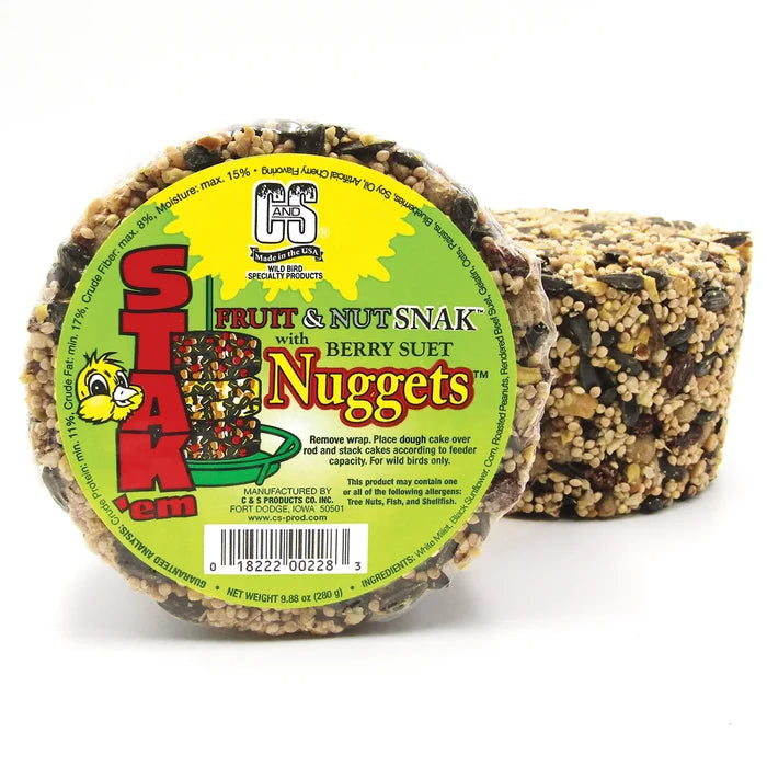 Fruit & Nut Snak™ with Berry Nuggets™ Stak'em, set of 4, featuring round suet cakes with seeds, nuts, and fruit for wild birds, designed for stack-able treat feeders.