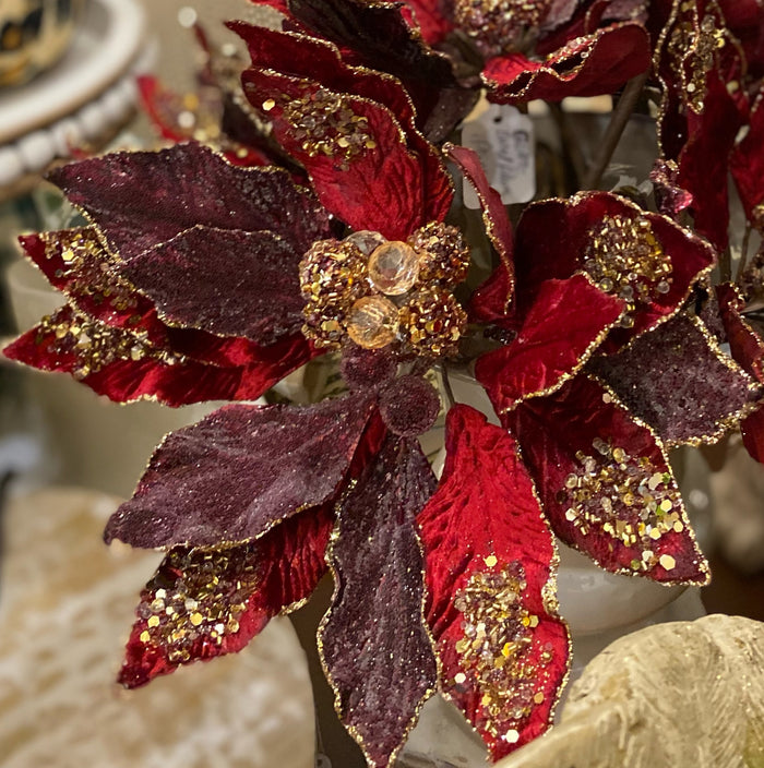 Glam Burgundy/Plum Velvet Poinsettia with Gold Sequins Pack of 3