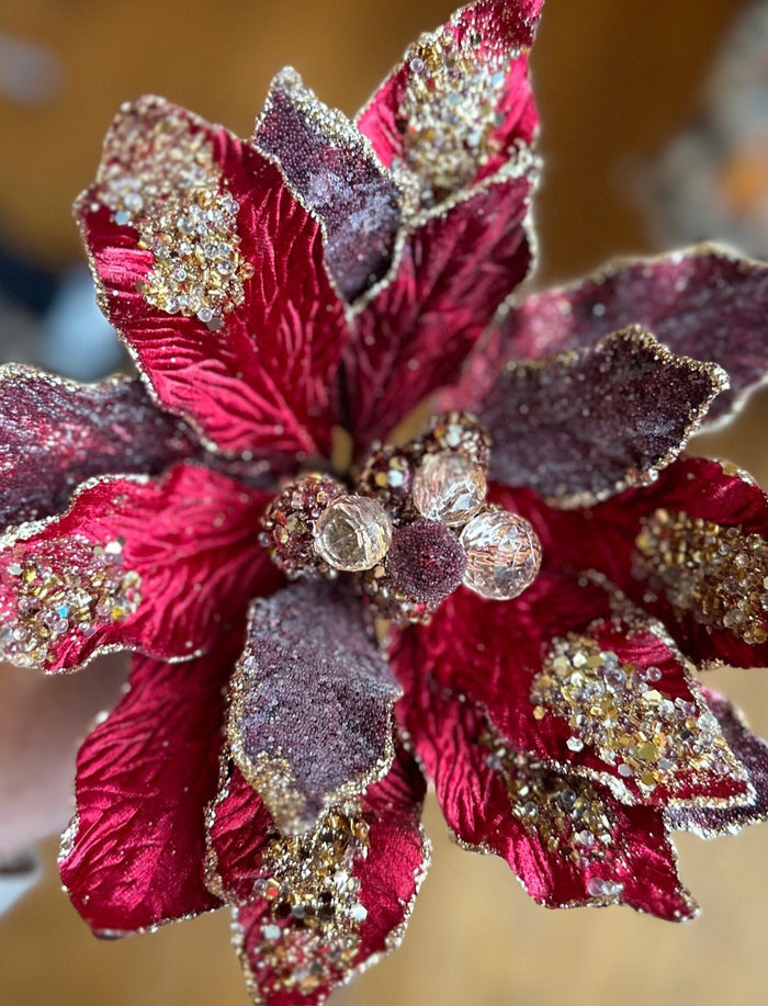 Glam Burgundy/Plum Velvet Poinsettia with Gold Sequins Pack of 3