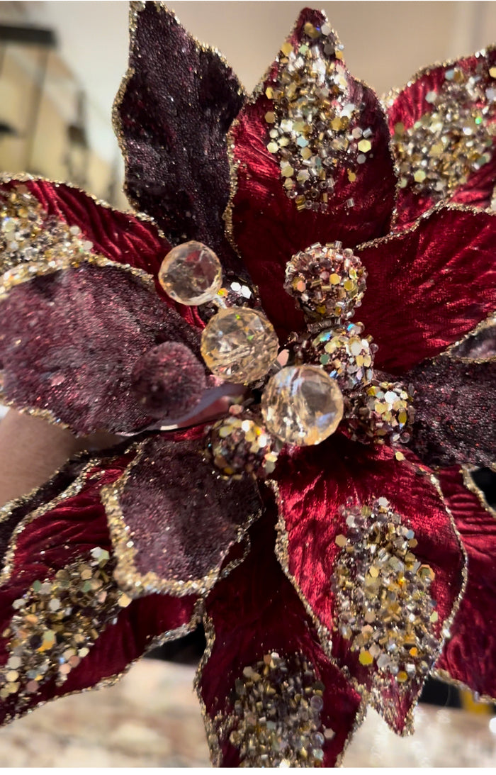 Glam Burgundy/Plum Velvet Poinsettia with Gold Sequins Pack of 3