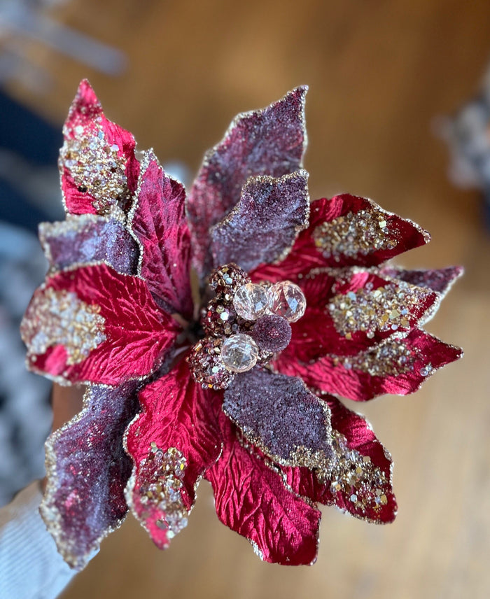 Glam Burgundy/Plum Velvet Poinsettia with Gold Sequins Pack of 3