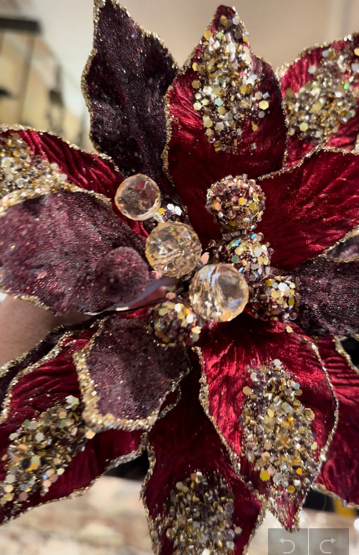 Glam Burgundy/Plum Velvet Poinsettia with Gold Sequins Pack of 3