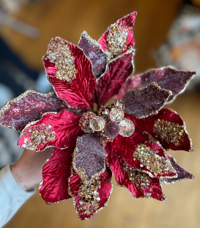 Glam Burgundy/Plum Velvet Poinsettia with Gold Sequins Pack of 3