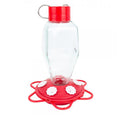 Glass Bottle 20 oz. Hummingbird Feeder with red lid, ant moat, six feeding stations, clear reservoir, and wraparound perch for easy feeding and monitoring.