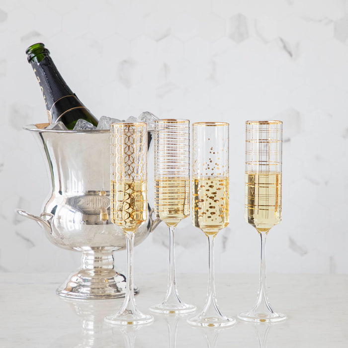 Gold Patterned Champagne Flutes, Set of 4.