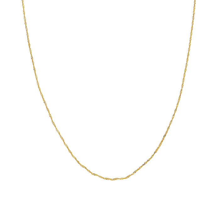 A delicate yellow gold chain necklace with a twisted, rope-like texture, displayed in a U-shape against a solid white background.