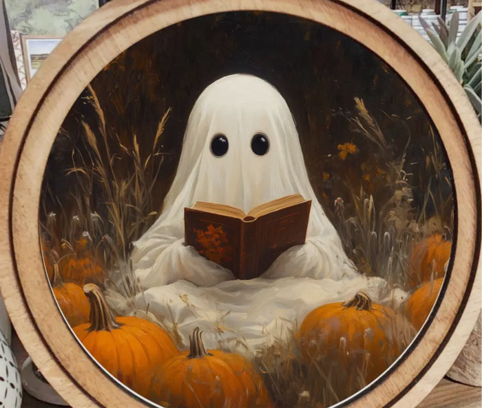 Halloween Wood Frame Ghost Picture in Pumpkin Patch 8” Dia