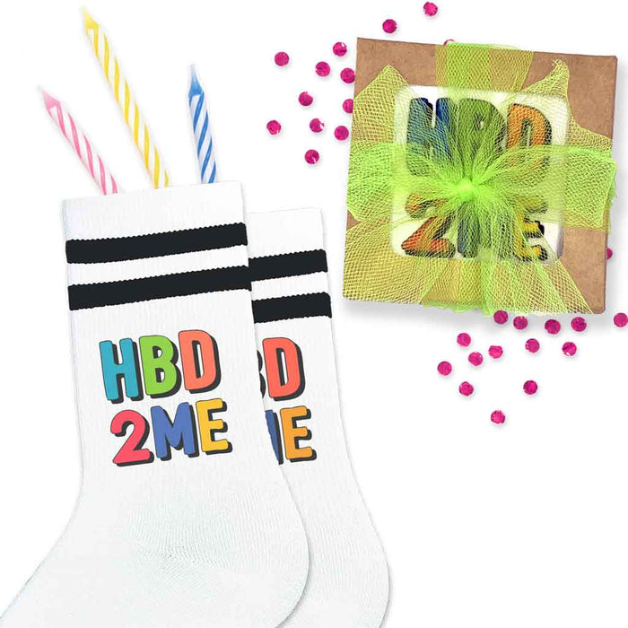 HBD 2ME birthday socks with “Happy Birthday to Me” printed and gift-wrapped