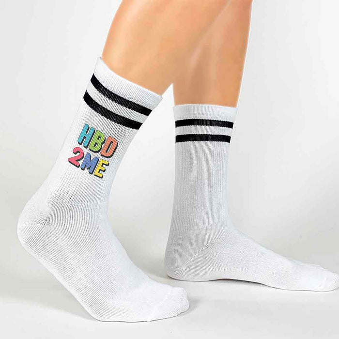 Cute birthday socks printed with “Happy Birthday to Me” and ready to gift