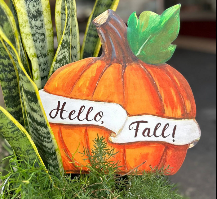 Hello Fall Banner Orange Metal Pumpkin Stake with Easel