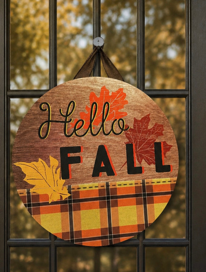 Hello Fall Plaid Door Hanger with Leaf Accents and Wood Background
