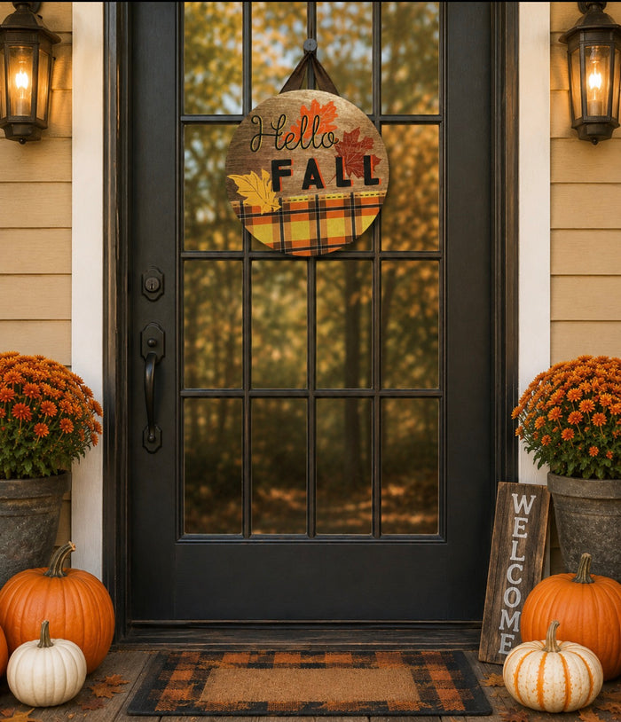 Hello Fall Plaid Door Hanger with Leaf Accents and Wood Background