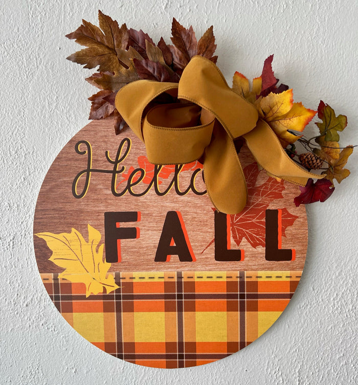 Hello Fall Plaid Door Hanger with Leaf Accents and Wood Background