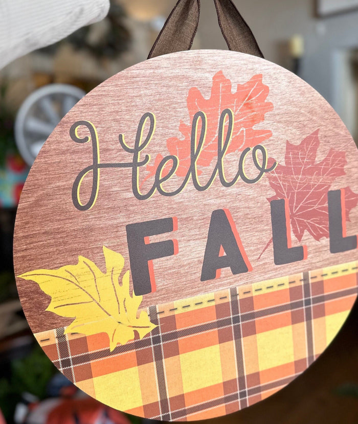 Hello Fall Plaid Door Hanger with Leaf Accents and Wood Background