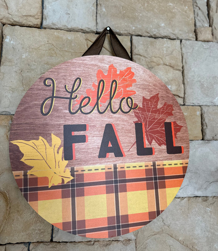 Hello Fall Plaid Door Hanger with Leaf Accents and Wood Background