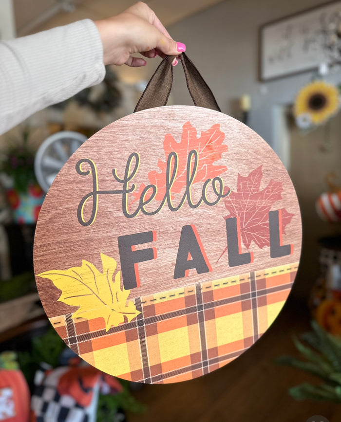 Hello Fall Plaid Door Hanger with Leaf Accents and Wood Background