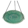Hummingbird Ceramic Hanging Bird Bath with embossed rim and basin, decorated with flowers and a hummingbird, includes a hanging chain.