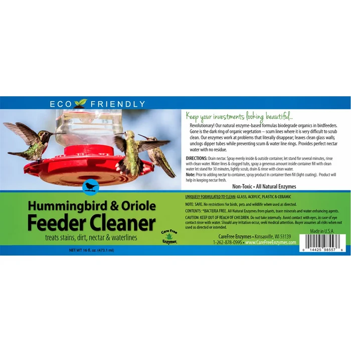 Hummingbird & Oriole Feeder Cleaner Spray label showing eco-friendly enzyme-based formula for cleaning and unclogging bird feeders, ensuring residue-free, fresh nectar.
